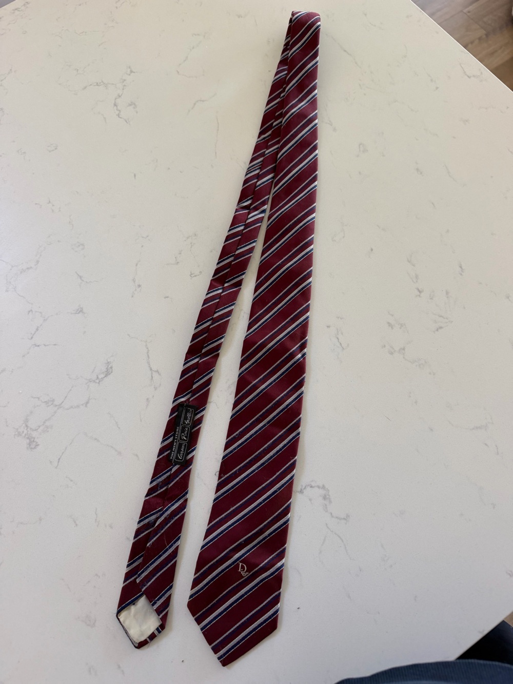 Men's Dior Burgundy Striped Tie with Subtle Embroidery - Picture 6 of 6